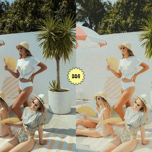 May include: Four people wearing white and gray t-shirts and white bottoms are posing by a pool. They are holding fans and wearing hats. The background is a white wall with a palm tree and a striped umbrella.