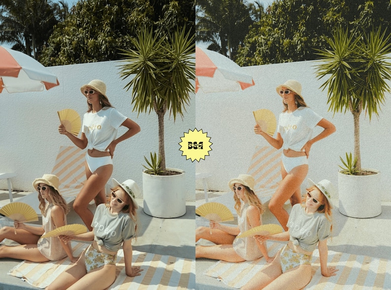 May include: Four people wearing white and gray t-shirts and white bottoms are posing by a pool. They are holding fans and wearing hats. The background is a white wall with a palm tree and a striped umbrella.