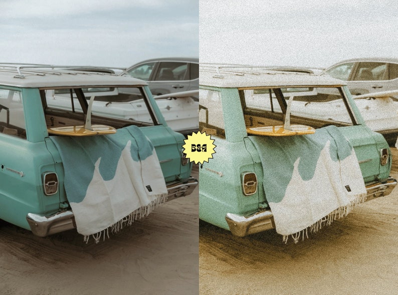 May include: A teal vintage station wagon with a surfboard strapped to the roof and a blue and white beach towel hanging out the back.