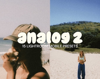 May include: A split image showing a person wearing a brown baseball cap and a black tank top, and a person wearing a blue tank top and blue pants standing on a sandy beach. The text "analog 2" is written in white, bubble-like letters with a white outline. The text "15 Lightroom Mobile Presets" is written in white below the title.