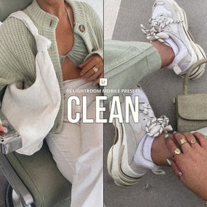 Puede incluir: Imagen dividida que muestra a una persona con una rebeca verde claro, un top a juego y pantalones blancos, sosteniendo un bolso blanco. El otro lado muestra a una persona con pantalones verde claro y zapatillas blancas. Se muestra la palabra "CLEAN".