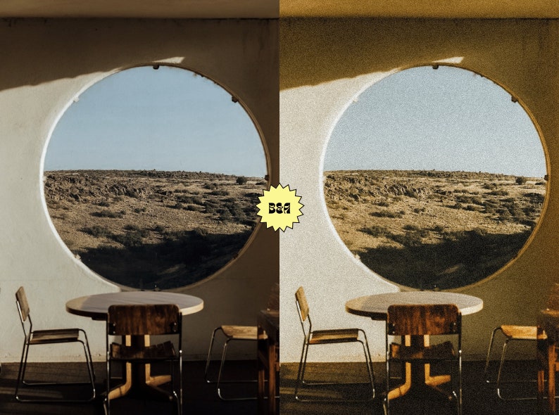 May include: A round table with four chairs sits in a room with a large circular window overlooking a desert landscape. The window is framed by a light brown wall. The table and chairs are made of wood with a natural finish.
