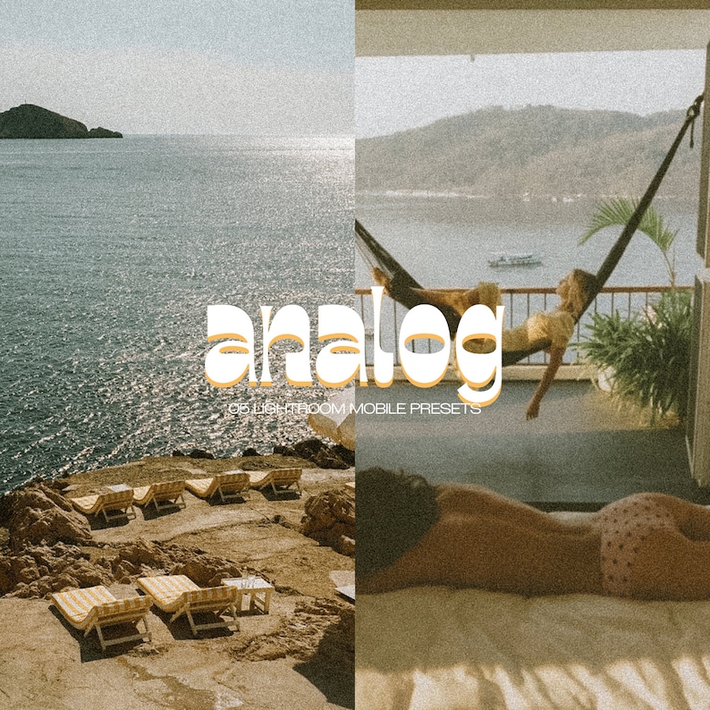May include: A split image showing a beach scene with a blue ocean and a mountain in the distance. The other half of the image shows a woman relaxing on a bed with a hammock in the background. The text "analog 05 LIGHTROOM MOBILE PRESETS" is in the center of the image.