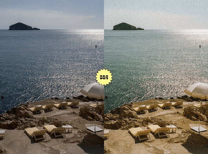 May include: A view of a beach with lounge chairs and umbrellas. The beach is on a rocky cliff overlooking the ocean. There is an island in the distance.