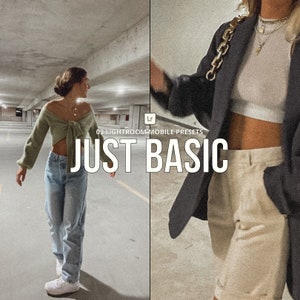 Puede incluir: Dos personas con atuendos casuales. Una persona lleva un top corto verde, jeans azules y zapatillas blancas. La otra persona lleva una chaqueta negra, un top corto blanco y pantalones cortos beige. El texto "03 LIGHTROOM MOBILE PRESETS JUST BASIC" se muestra en la imagen.