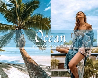 May include: A woman sits on a railing with a tropical background. She is wearing a blue and white floral kimono and holding a white mug. The text "Ocean Lightroom Mobile Presets" is displayed on the image.