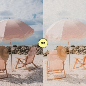 May include: Two striped beach chairs with a pink and white striped umbrella on a sandy beach. The chairs are made of wood and have a canvas back and seat. The umbrella has a fringe trim.
