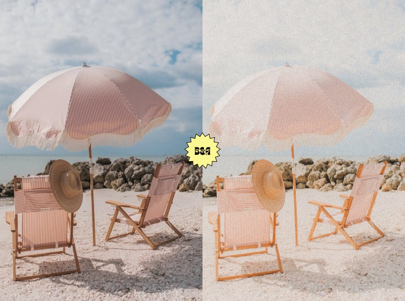 May include: Two striped beach chairs with a pink and white striped umbrella on a sandy beach. The chairs are made of wood and have a canvas back and seat. The umbrella has a fringe trim.