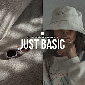 Può includere: Un collage fotografico che presenta un cappello a secchiello bianco con la parola "VACANCY" ricamata sul davanti, un paio di occhiali da sole bianchi e una felpa bianca con il testo "Limit Vacan" stampato sul davanti. L'immagine è un'immagine promozionale per un set di preset mobili di Lightroom.