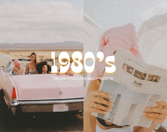 May include: A set of 5 Lightroom mobile presets inspired by the 1980s. The presets are designed to give your photos a vintage, retro look. The image shows a pink car with three people inside, and a woman reading a magazine.