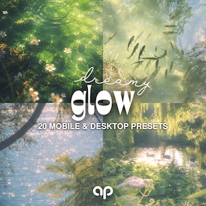 Op de afbeelding: Een collage van vier natuurscènes met water, vissen en planten, met de tekst "dreamy glow" en "20 MOBILE & DESKTOP PRESETS" in het wit. De afbeeldingen tonen groen gebladerte, sprankelend water en een klein logo aan de onderkant.