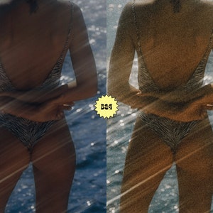 May include: A woman wearing a black and white zebra print swimsuit stands in front of a body of water. The water is blue and has a shimmery effect. The woman's arms are crossed in front of her.