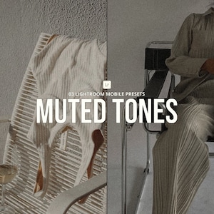 May include: A set of three Lightroom mobile presets for editing photos with muted tones. The presets are designed to create a soft, dreamy look with a vintage feel. The image shows a white sweater and a chair with a muted background.