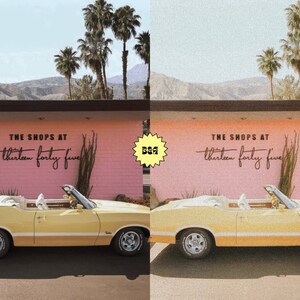 May include: A yellow convertible car parked in front of a pink building with the text "THE SHOPS AT thirteen forty five" on the wall. Palm trees are visible in the background.