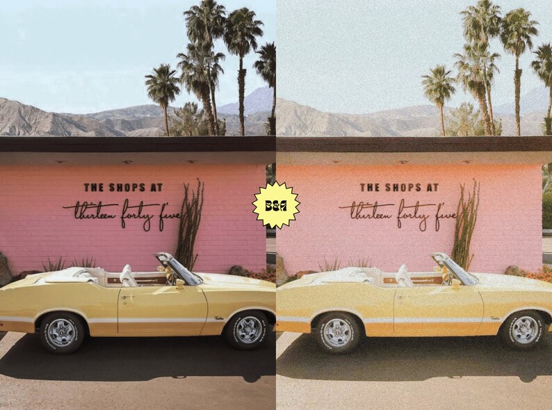 May include: A yellow convertible car parked in front of a pink building with the text "THE SHOPS AT thirteen forty five" on the wall. Palm trees are visible in the background.