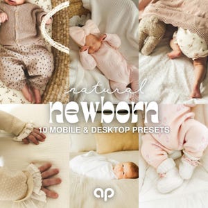 Puede incluir: Un collage de fotos de bebés recién nacidos. Las imágenes muestran bebés con varios conjuntos, incluyendo un pelele de punto rosa con un lazo y un conjunto de punto beige. El texto "natural newborn" y "10 MOBILE & DESKTOP PRESETS" es visible.