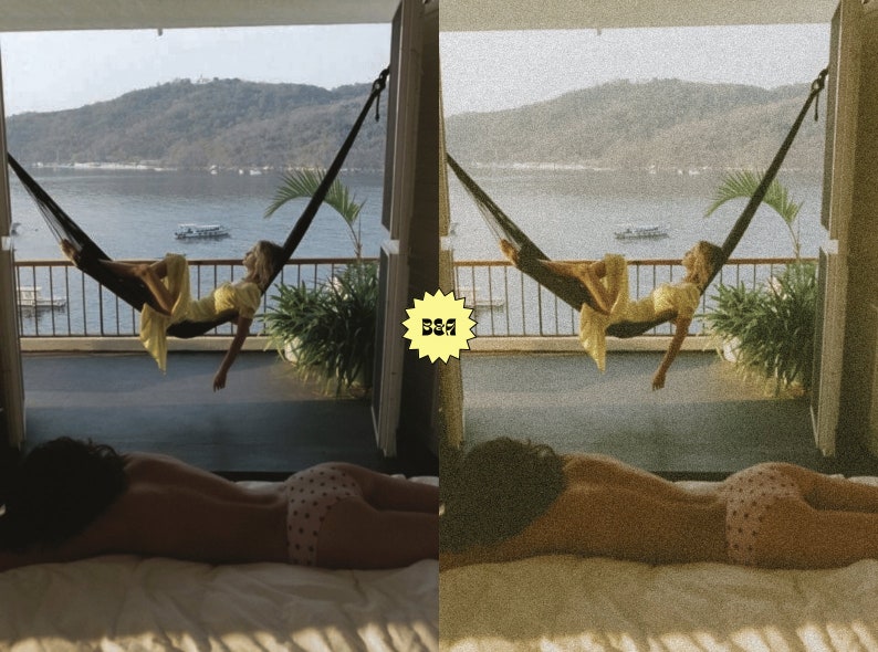 May include: A woman relaxes in a hammock on a balcony overlooking a body of water. A second woman lies on a bed in the foreground. The scene is reminiscent of a tropical vacation.