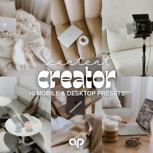 May include: A collage of six images featuring a laptop, a tablet with a stylus, a coffee cup, a light stand, and a blanket. The text "content creator" and "10 MOBILE & DESKTOP PRESETS" is overlaid in white, along with the logo "ap" at the bottom.