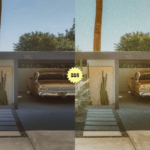 May include: A vintage yellow car parked in a garage with a concrete floor. The garage has a white door and a white wall with the number 1882 on it. There are plants in front of the garage.