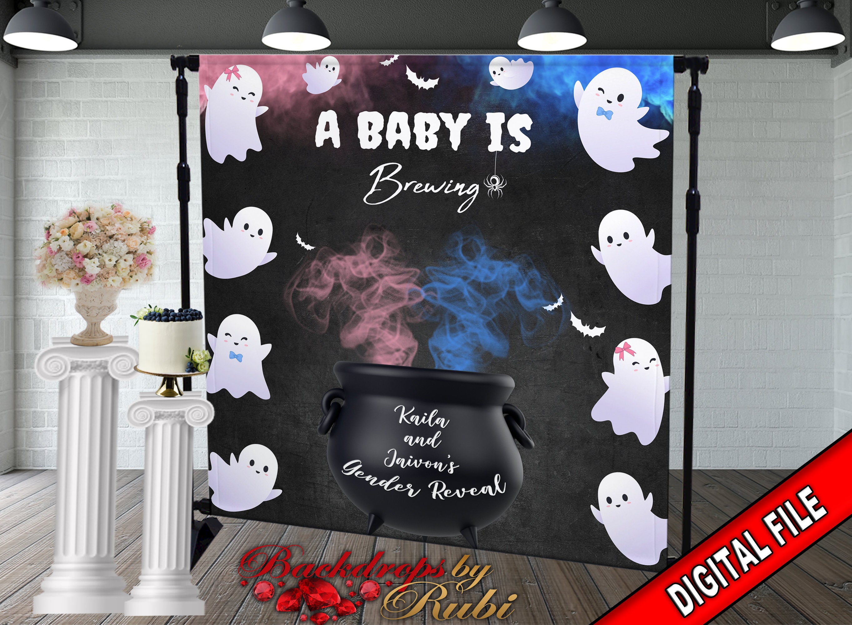 Halloween Gender Reveal Backdrop Halloween Baby Shower Booy or Ghoul Backdrop Pink vs Blue Backdrop Halloween Gender Reveal