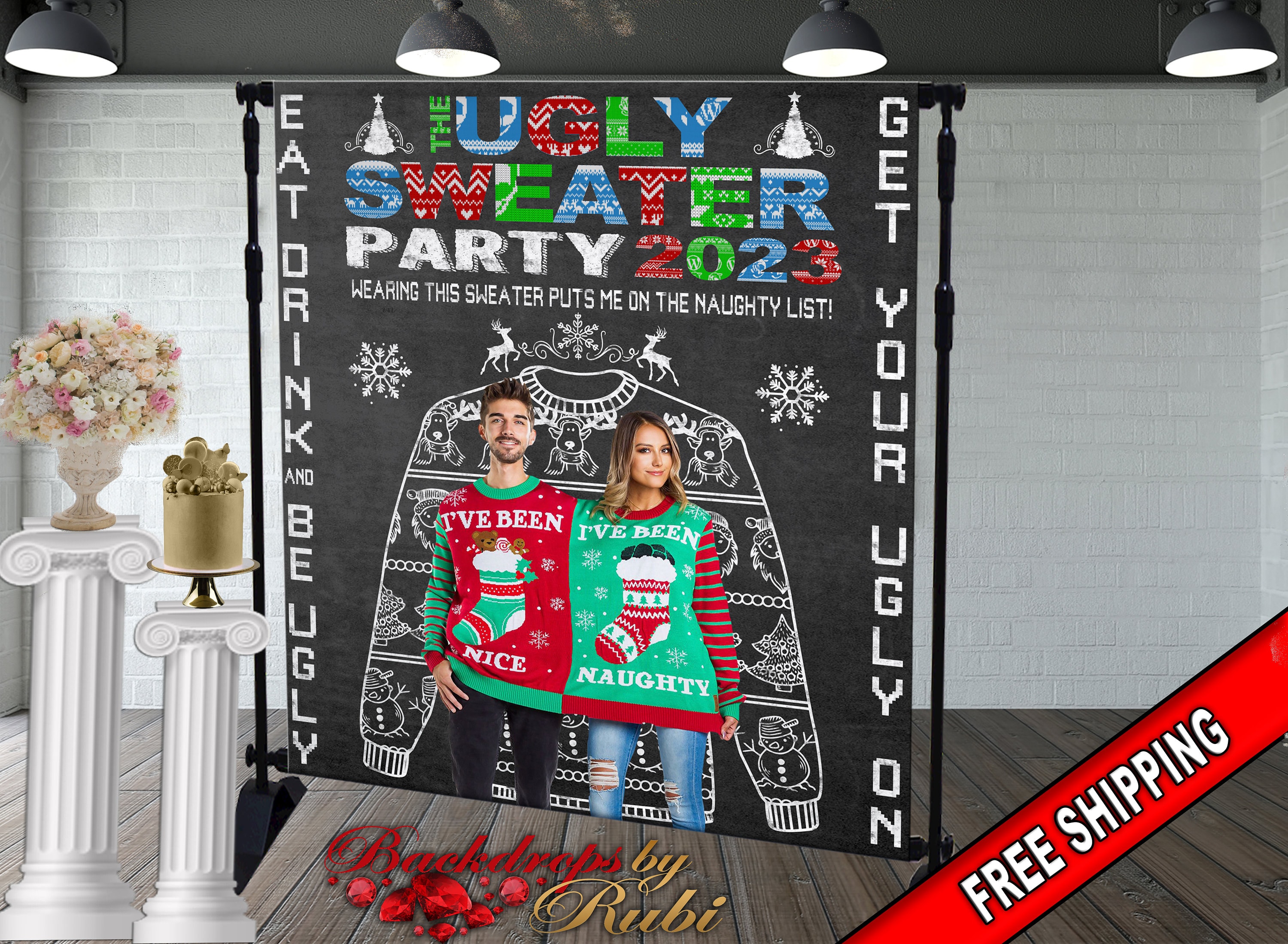 Ugly Sweater Holiday Party Photo Booth Backdrop Ugly Sweater Party Backdrop Festive backdrop Ugly Sweater Banner