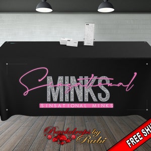 May include: Black table cover with a silver glitter and pink 'Sensational Minks' logo. The text 'Sensational Minks' is written in smaller font below the logo.