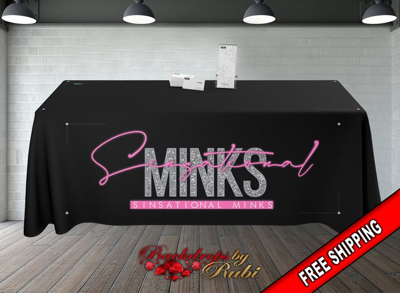 May include: Black table cover with a silver glitter and pink 'Sensational Minks' logo. The text 'Sensational Minks' is written in smaller font below the logo.