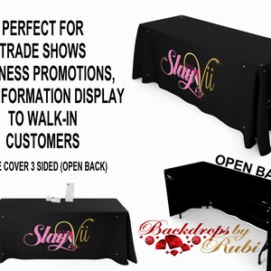 May include: Black table cover with a pink and gold logo that says "StayVii with a crown" on the front and side. The back of the table cover is open. The table cover is perfect for trade shows, business promotions, and information displays.