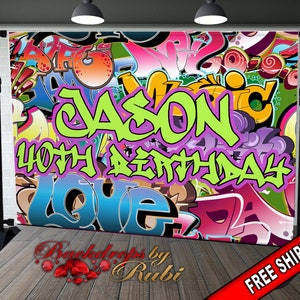 Graffiti Backdrop, Graffiti Banner, 80&#39;s 90&#39;s Hip Hop Rock Party Backdrop, Graffiti Theme Backdrop, 90s Party Studio Props, Hip Hop Banner