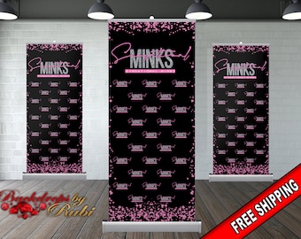 May include: Black and pink backdrop with the text "Sensational MINKs" in silver glitter lettering. The backdrop is decorated with pink glitter confetti.