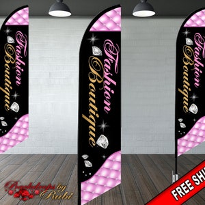 May include: Three pink and black feather flags with the text "Fashion Boutique" in gold lettering and diamond accents.