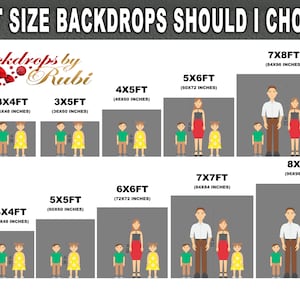 May include: A chart showing different backdrop sizes for photography, with illustrations of people standing in front of each size. The sizes are listed in feet and inches, with the smallest size being 2x3 feet and the largest size being 8x8 feet.