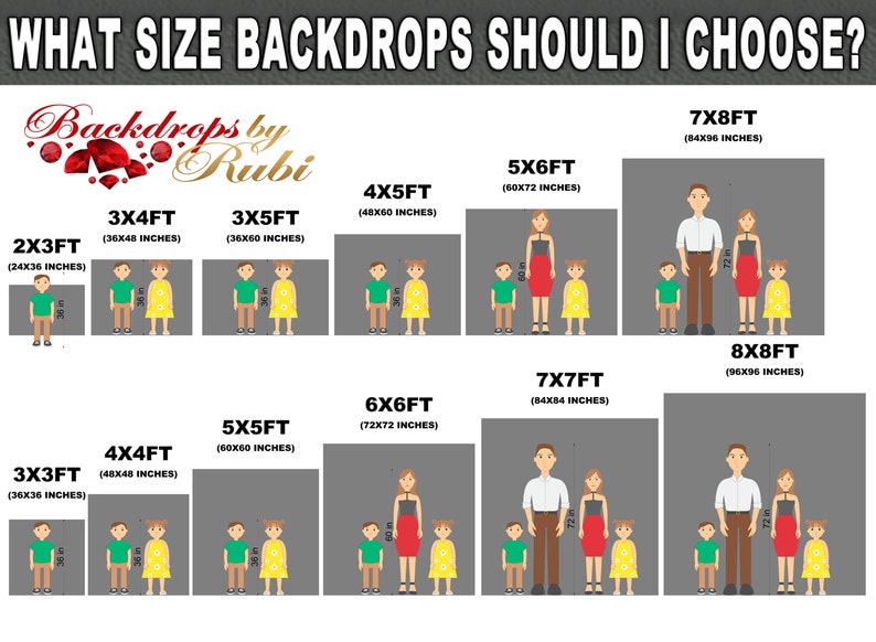 May include: A chart showing different backdrop sizes for photography, with illustrations of people standing in front of each size. The sizes are listed in feet and inches, with the smallest size being 2x3 feet and the largest size being 8x8 feet.