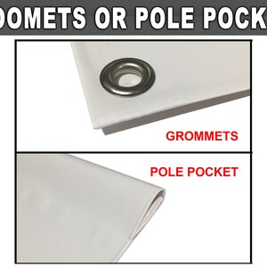 May include: Close-up of two different ways to hang a banner. The top image shows a metal grommet, and the bottom image shows a sewn-in pole pocket.