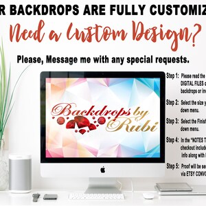 May include: A computer screen displaying a colorful geometric background with the text "Backdrops by Rubi" in gold lettering. The text "Our Backdrops are Fully Customized" and "Need a Custom Design?" is displayed above the screen. The text "Please, Message me with any special requests." is displayed below the screen. The screen is on a white desk with a plant and a speaker.