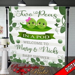 May include: A white and gray striped backdrop with green pea vines and two green peas in a pod. The text "Two Peas in a Pod" is written in black with a green ribbon. The text "Welcome to Mary & Nicks Baby Shower" is written in black. The backdrop is for a baby shower.