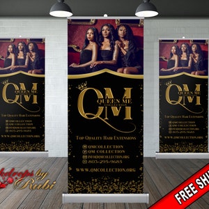 May include: Three women with long black hair are sitting on a red velvet couch. They are wearing black dresses. The background is black with gold glitter and the text "Queen Me Collection" in gold letters. The text "Top Quality Hair Extensions" is also in gold letters. The social media handles "@OMCOLLECTION", "@OMCOLLECTION", and "@INFODOMCOLLECTION.ORG" are listed. The website address "WWW.OMCOLLECTION.ORG" is also listed.