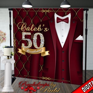 May include: A digital backdrop for a 50th birthday party. The backdrop features a red tuxedo with a gold bow tie and a gold number 50 with diamonds. The text "Caleb's 50th Birthday" is written in gold lettering.