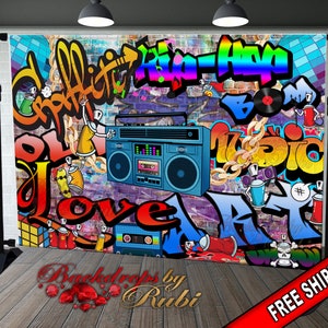 Graffiti Backdrop, Graffiti Banner, 80&#39;s 90&#39;s Hip Hop Rock Party Backdrop, Graffiti Theme Backdrop, 90s Party Studio Props, Hip Hop Banner