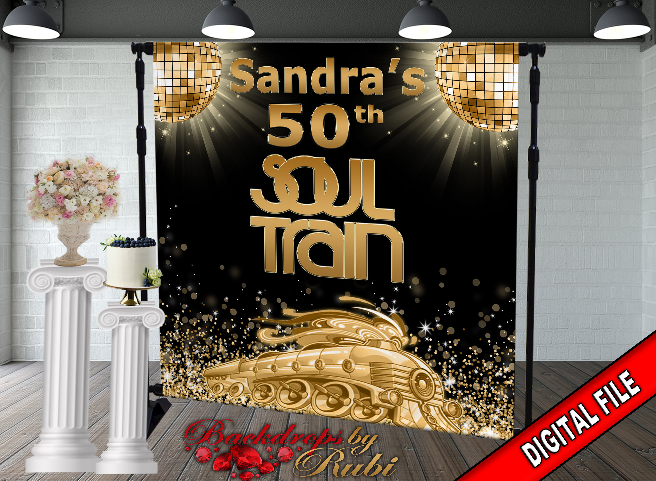 Custom Name Gold Soul Train 50th Birthday Backdrop