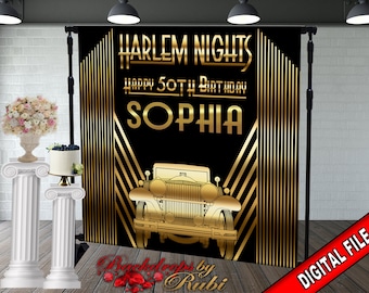 Telón de fondo de cumpleaños de las noches de Harlem, Telón de fondo de oro de las noches de Harlem, Fiesta de las noches de Harlem, Telón de fondo de Gatsby, Banner de las noches de Harlem, Noches de Harlem