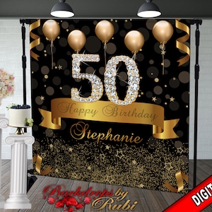 Peut inclure: Fond d'écran d'anniversaire noir et or pour un 50e anniversaire avec des ballons dorés, un 50 incrusté de diamants et le texte "Joyeux anniversaire Stéphanie".