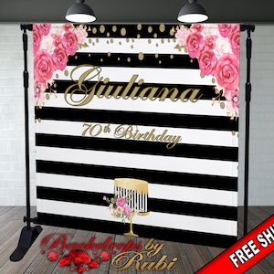 Black and White Stripes Backdrop, 50th Birthday Backdrop, Floral Black and White Backdrop, Custom Birthday Backdrop, Baby Shower backdrop