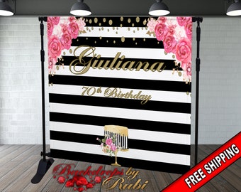 Black and White Stripes Backdrop, 50th Birthday Backdrop, Floral Black and White Backdrop, Custom Birthday Backdrop, Baby Shower backdrop