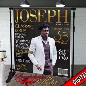 May include: A black and gold magazine cover with the name "Joseph" in gold letters. The cover features a man in a white suit and a black waistcoat. The text on the cover reads "Classic Issue", "Stepping into 35", "Wonderful Amazing Educated", "Exclusive", "The Hottest King in Town", "Limited Edition", "November 2022", "Celebrating 35 Years", "Est 1987", and "Happy Birthday".