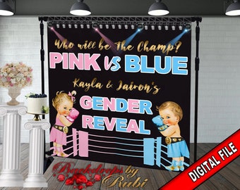 Puede incluir: Un telón de fondo para una fiesta de revelación de género con temática de ring de boxeo. Presenta el texto "Who will be The Champ? Pink vs Blue Kayla & Jairon's Gender Reveal" con dos bebés de dibujos animados que llevan guantes de boxeo. El telón de fondo es negro con acentos rosas y azules.
