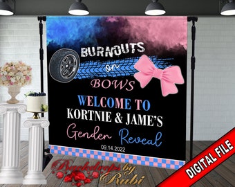 May include: A gender reveal party backdrop with a black background and blue and pink smoke. The text reads "Burnouts or Bows Welcome to Kortnie & Jame's Gender Reveal 09.14.2022".