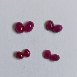 Puede incluir: Cuatro pares de piedras preciosas ovaladas de color rojo. Las piedras preciosas están dispuestas en dos filas de dos pares.