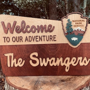 National Park Sign facsimile with layered emblem and customized family name