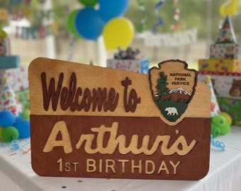 Camping Birthday Sign Personalized, National Park Decor, Adventure Theme, 1st Birthday